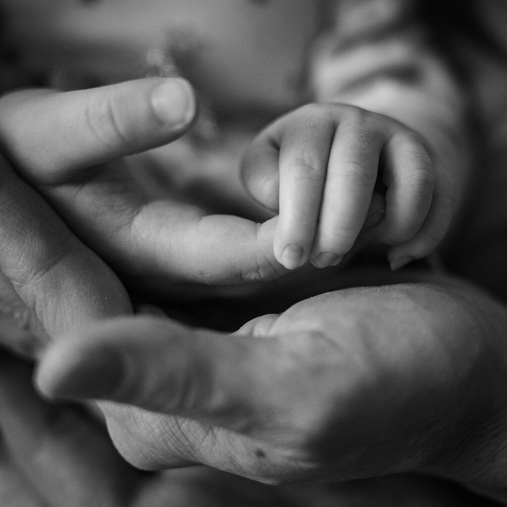 Detail ručičky novorozence drž&iacute;c&iacute; prst rodiče - černob&iacute;l&aacute; newborn fotografie.